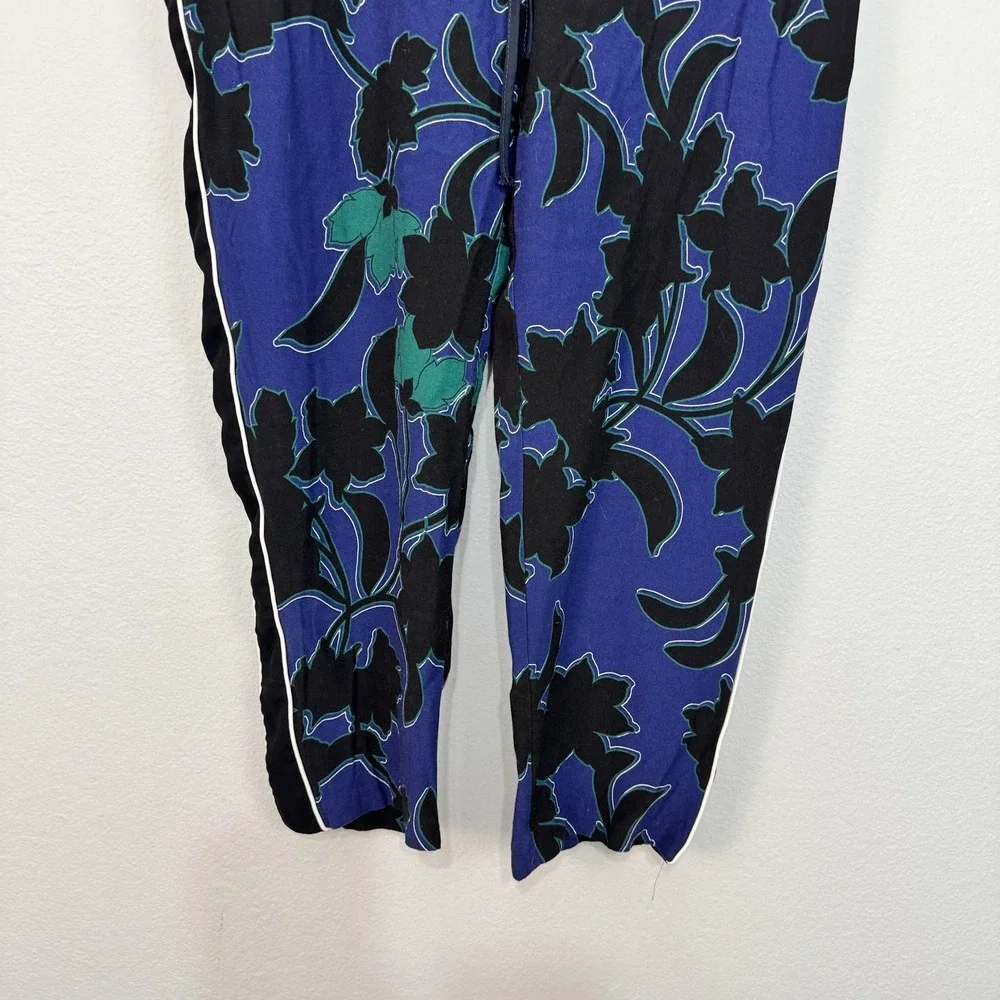 Parker‎ Pants Women's 10 Blue Floral Track Elastic Waist Drawstring Tapered